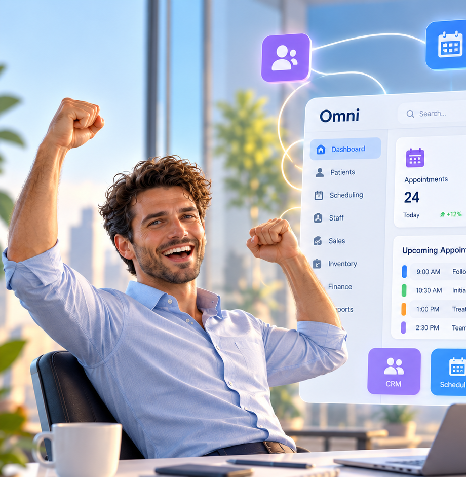 A business owner celebrating a unified dashboard